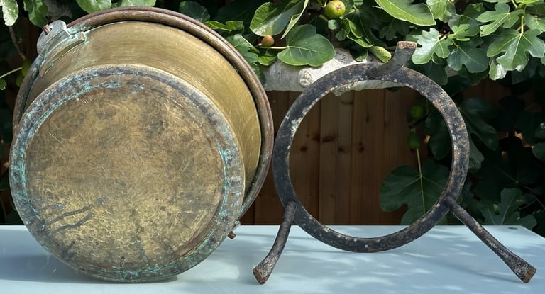 LARGE ANTIQUE FRENCH COPPER CAULDRON & STAND, LOG BUCKET, PLANTER, L58cm - 1900s - WILL POST!