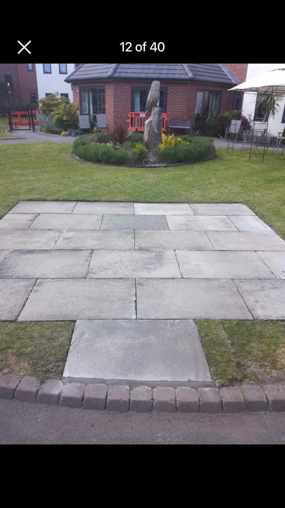 Block paving Indian stone flags tarmac turf fence 