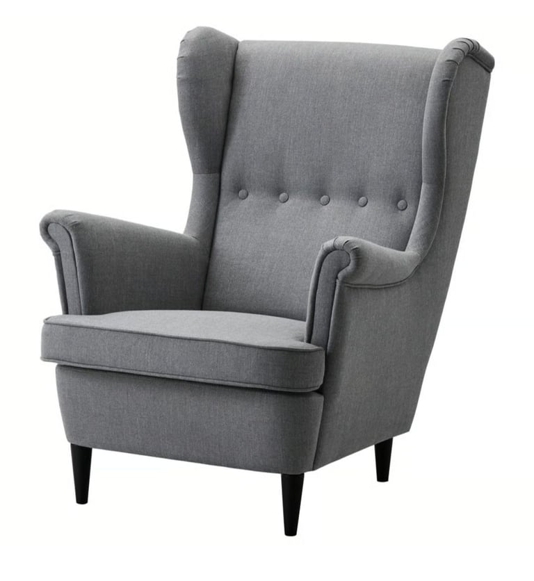image for Ikea Strandmon - Grey Wingback Armchair with Matching Footstool – Excellent Condition