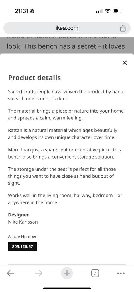 Bench with storage, handmade rattan, 120 cm