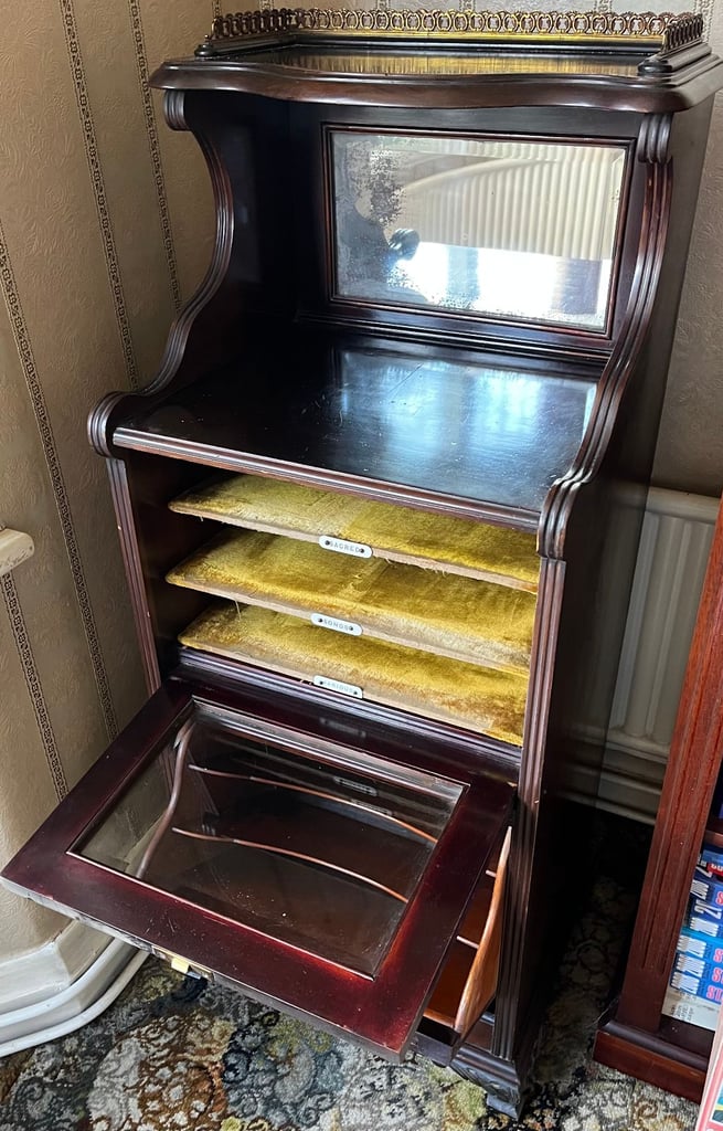 Antique Edwardian Carved Mahogany Sheet Music Cabinet with Velvet Lined Shelves