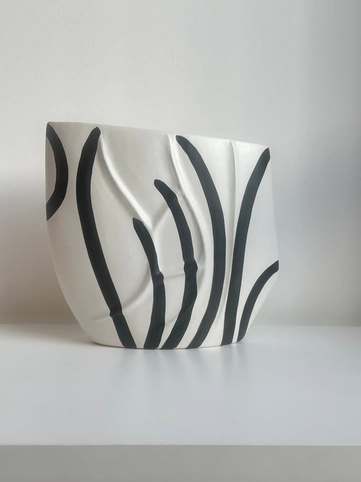 Ceramic Reed Vase – Black & White Striped Design