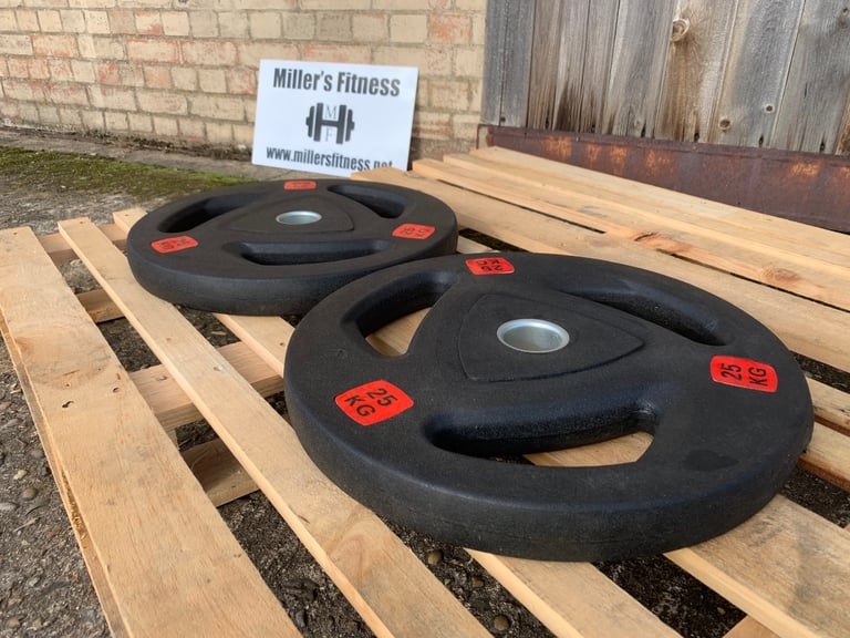 (Pending) 2 x 25kg Tri-Grip Olympic Rubber Weights (#1077)