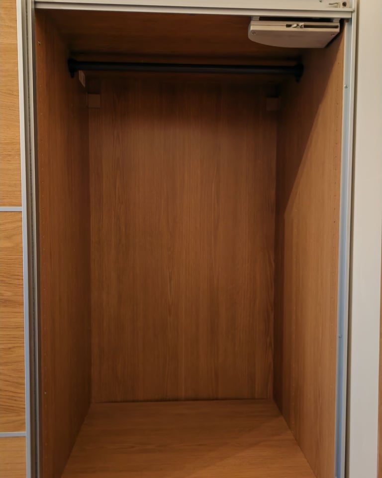 IKEA PAX Oak Sliding Door Wardrobe, 4 shelves & wire drawers, 2 hanging rails FREE DELIVERY 035