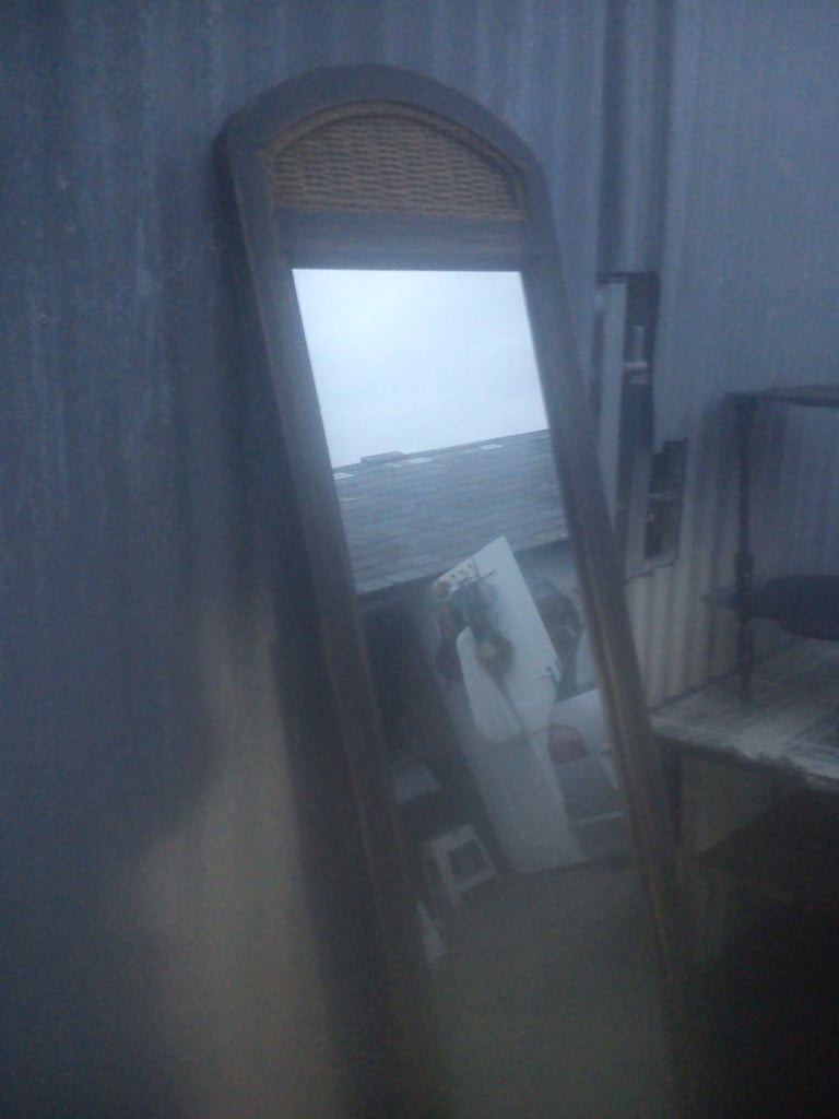 Upcycled, vintage, shabby chic, pine and wicker, folding cheval mirror.