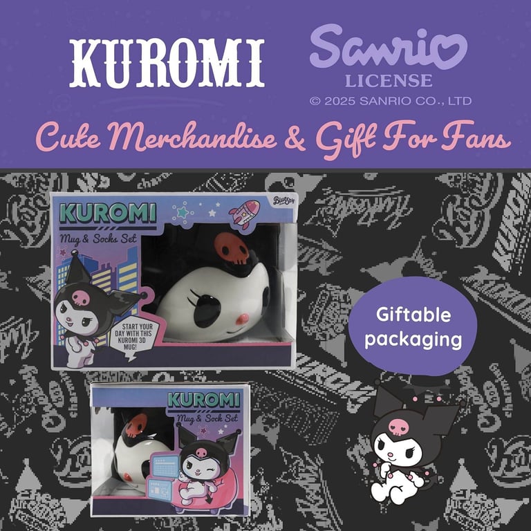 image for new in packaging - Kuromi 3D Mug & Sock Set, 350 ml Porcelain Mug, Size 4-7 Kawaii Socks