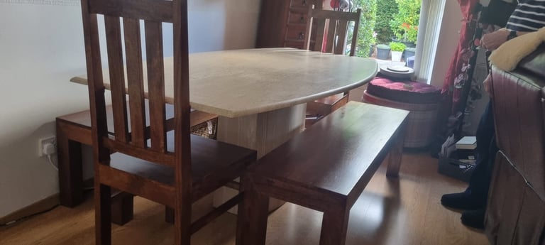 Stone Marble Pedestal Dining Table, 2 Solid Mango Wood Benches. Collection only.