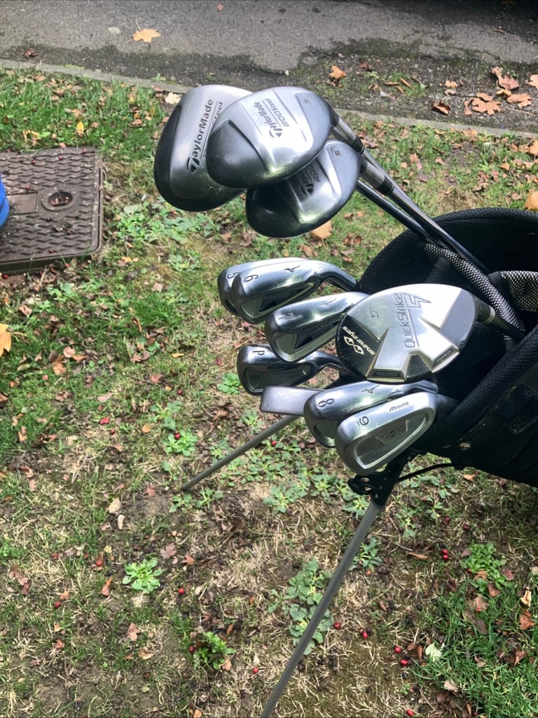 Men’s Golf Clubs Taylormade Steel Woods Mizuno Irons Trilogy Putter Stand Bag 