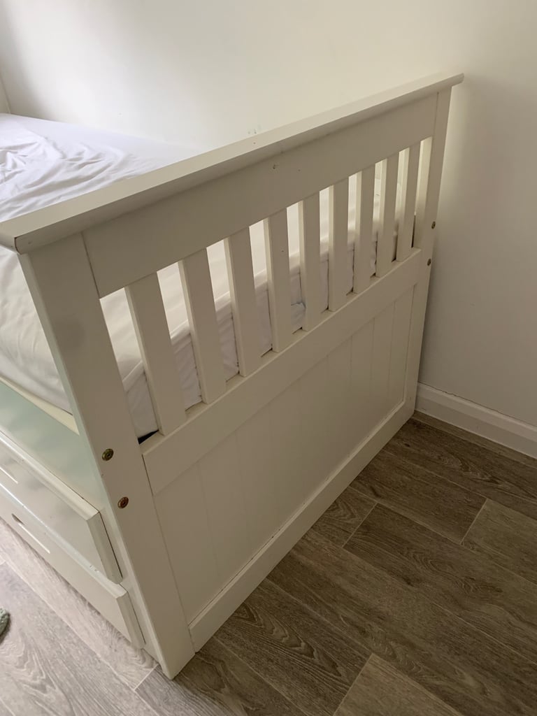 White wooden midi sleeper with drawer storage x 2