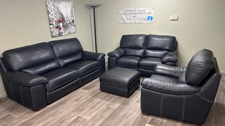 Black leather sofas 3&2&1& foot stool 