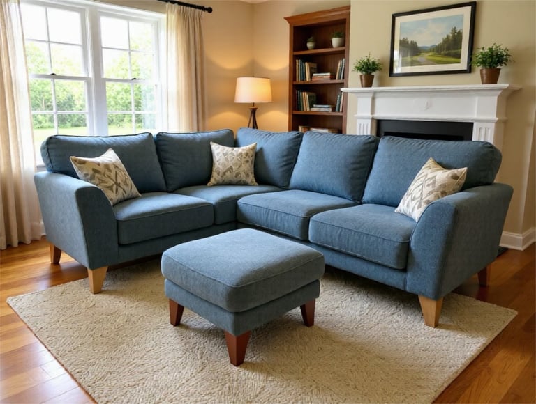 Blue corner sofa with footstool