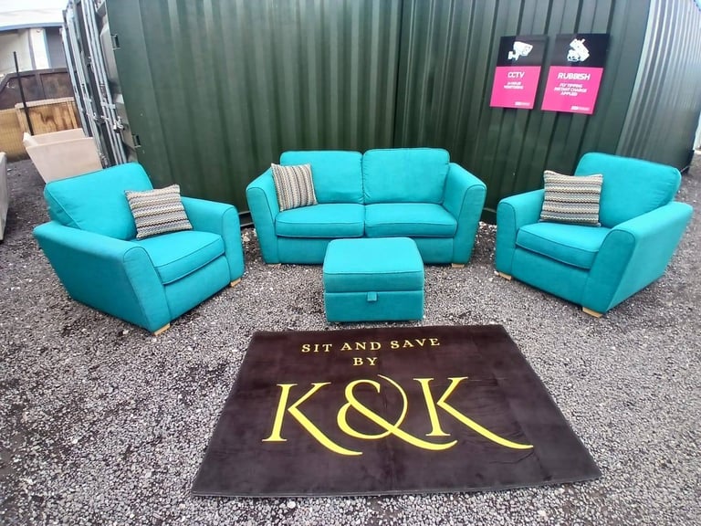 image for TEAL 2 SEATER SOFA AND X2 ARMCHAIRS AND FOOTSTOOL 