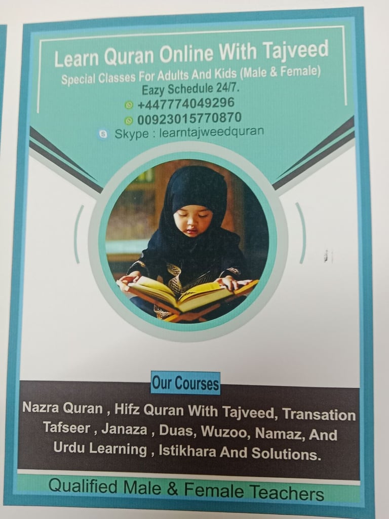 Online Quran and door to door classes 24/7 with Tajweed 