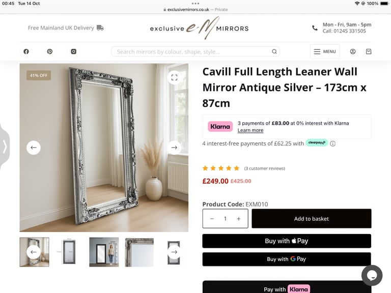 Large silver leaner mirror