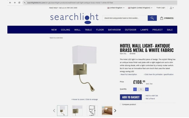 image for Hotel Style Dual Wall Light Metal & White Fabric Searchlight Electric X 2