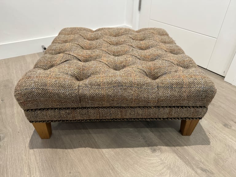 Harris Tweed Fabric Herringbone Buttoned Chesterfield Chair Low Footstool