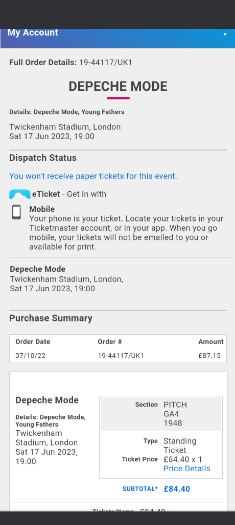 Depeche Mode Twickenham Standing Ticket!