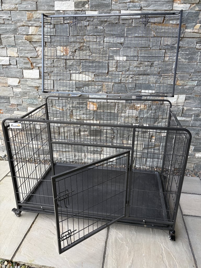 PawHut Metal Dog Cage Kennel Locking Door & Wheels Removable Tray 