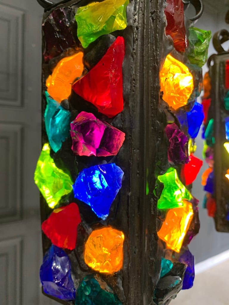 SOLD Pair of Vintage Mid Century Peter Marsh Leaded Rock Glass & Wrought Iron Lantern Lamps 50s 70s