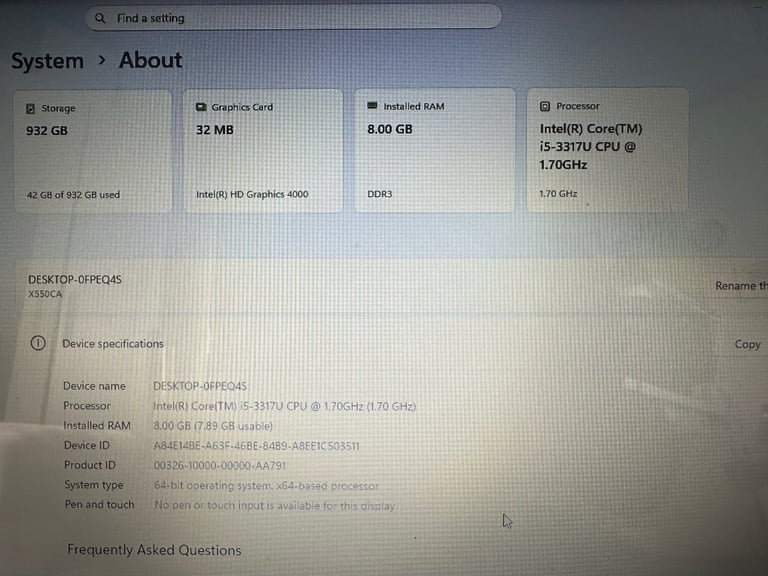 Asus X550C 15.6" HD SCREEN i5 8GB RAM 1TB HDD WINDOWS 11