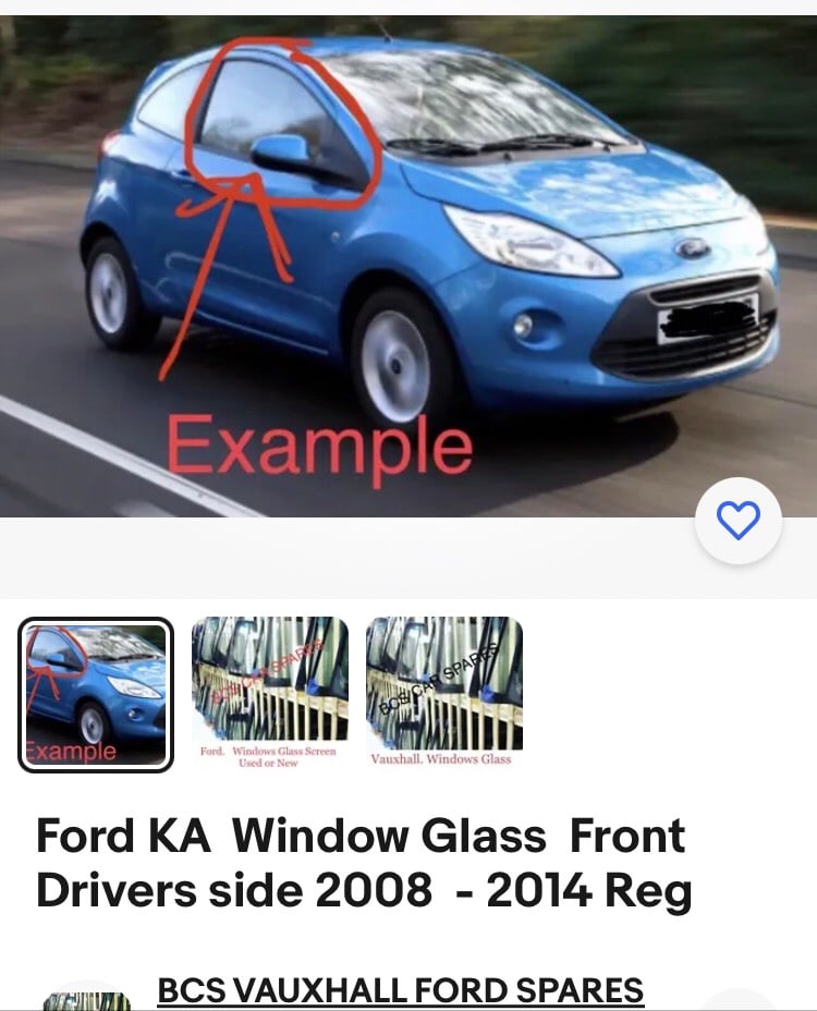 Ford Ka. Window Glass. Front Drivers 