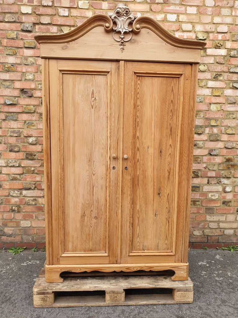 Elegant Antique French Armoire Two Door Wardrobe solid stripped pine wood
