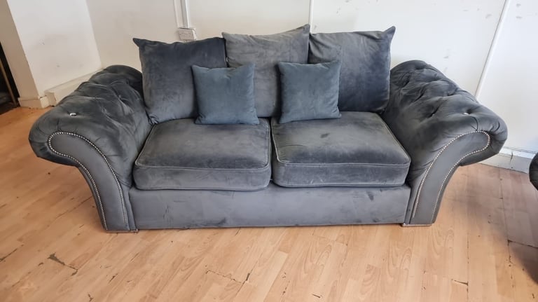 image for Plush grey velvet chesterfield studed sofa set £260
