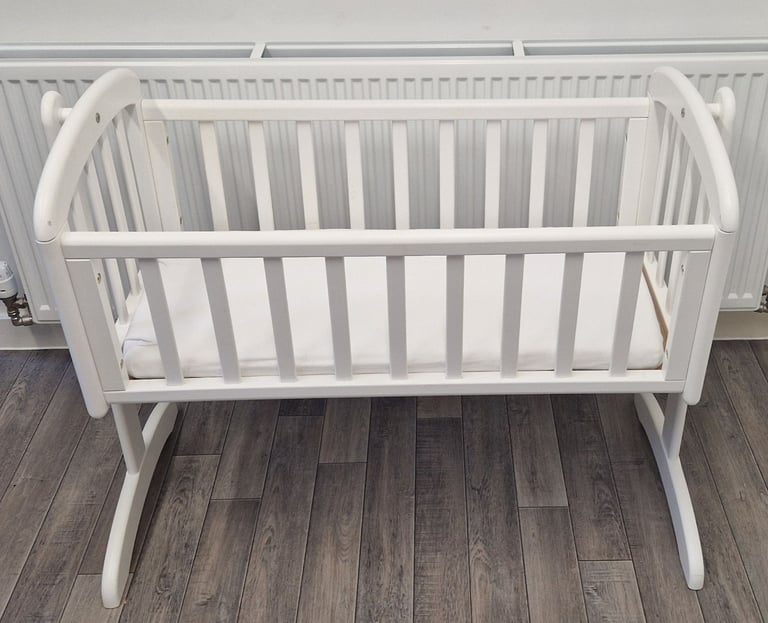 White Birch John Lewis Anna Swinging Crib Newborn Baby Wooden Cot + Mattress + Sheets