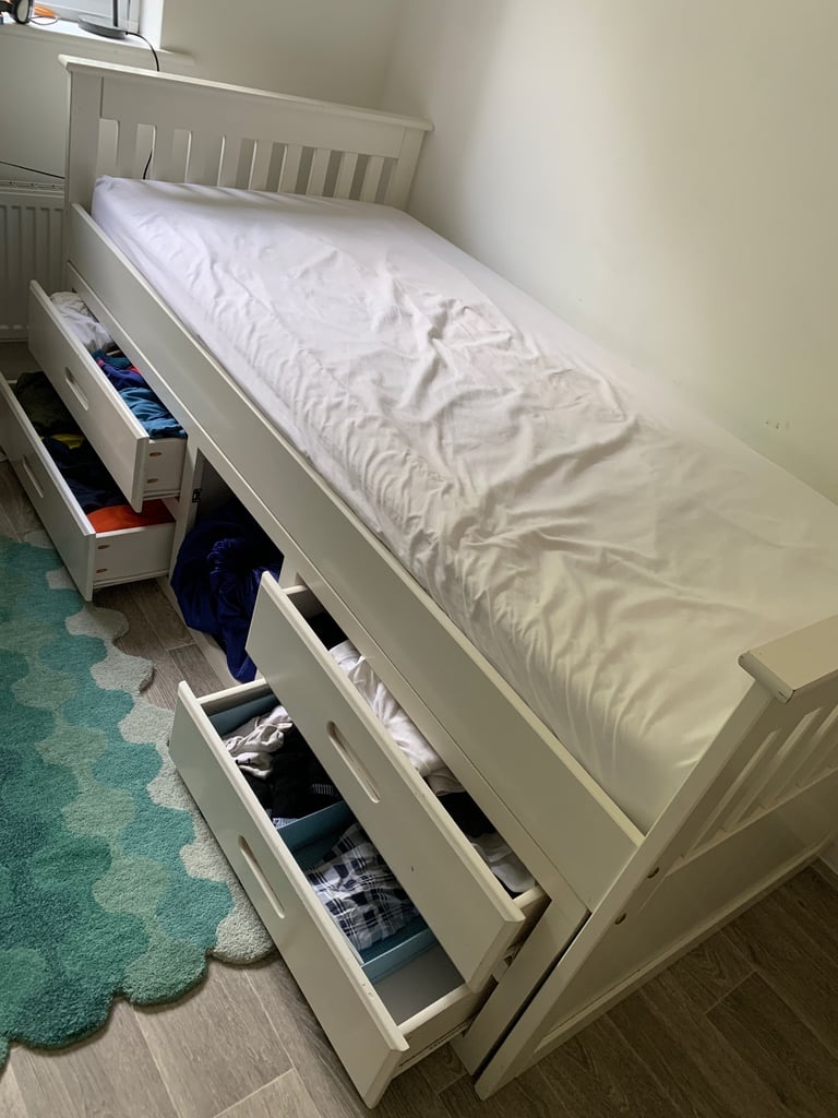 White wooden midi sleeper with drawer storage x 2