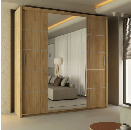 image for Brand New - Lisbon Mirror Sliding Door Wardrobe - Oak - SAME/NEXT DAY DELIVERY