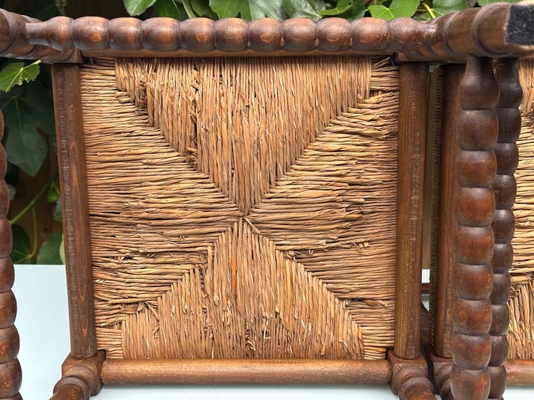 VINTAGE FRENCH BOBBIN LEG CHAIRS, CORNER CHAIRS, RUSH SEAT, H74cm - 1900s ARTS & CRAFTS - WILL POST!