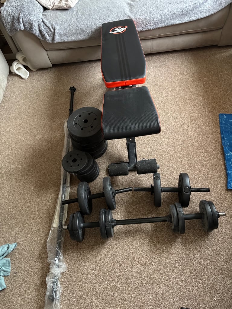 Adjustable weights bench and weights