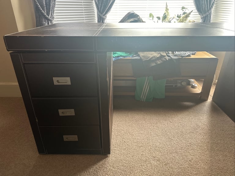 Large Faux Leather brown desk with 3 drawers
