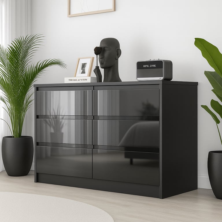 image for Black 6 Drawer High Gloss Chest / Sideboard / Cabinet Handleless Sleek Design