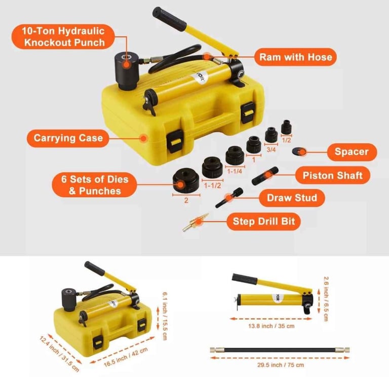 VEVOR 10 Ton Hydraulic Knockout Punch Driver Kit Hole Tool 1/2"-2" with 6 Dies