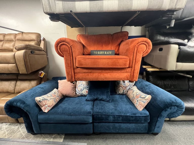 Big 2 seater and chairs and a half in a velvet fabric new condition £599