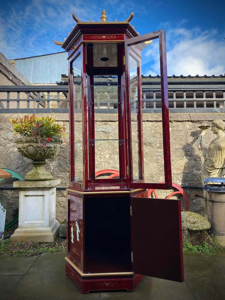 Tall (7ft) Chinese Oriental Style Red Lacquered Hexagonal Glazed Pagoda Display Cabinet