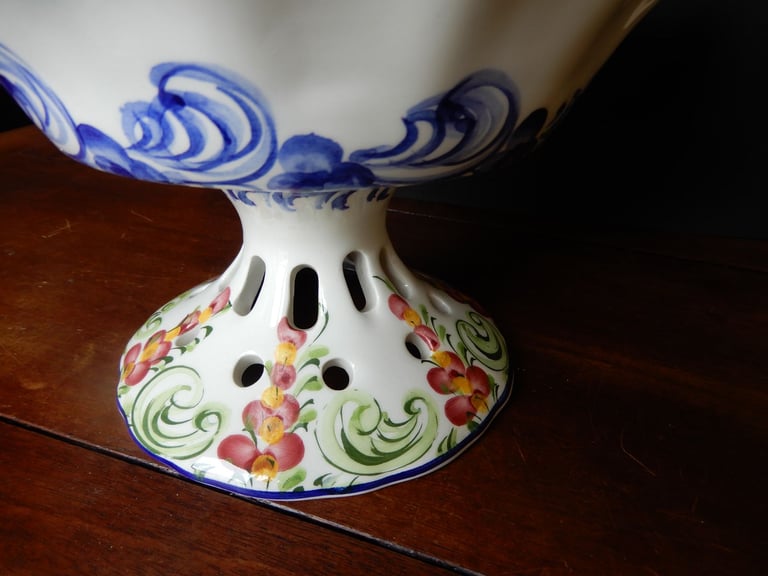 Antique openwork hand painted ceramic fruit bowl