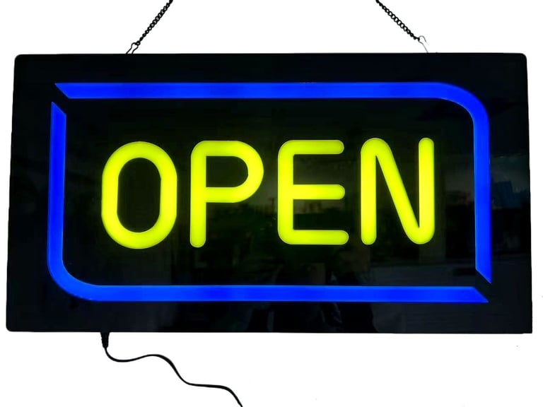 12V LED Open Sign, Yellow & Blue Solid Light, Static & Flashing Controllable For Shop Restaurant