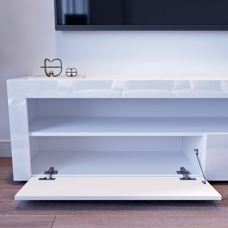 New White Cabinet TV Stand with Led Lights 120 x 35cm RRP £210 Our Price £122