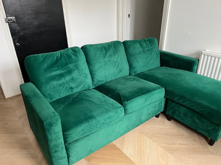 3 Seater Sofa with Reversible Chaise in Green Velvet