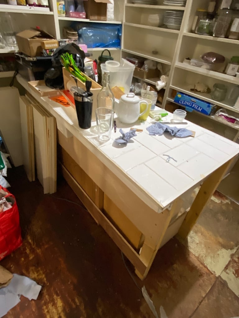 Handmade wooden and tile table worktop for workshop