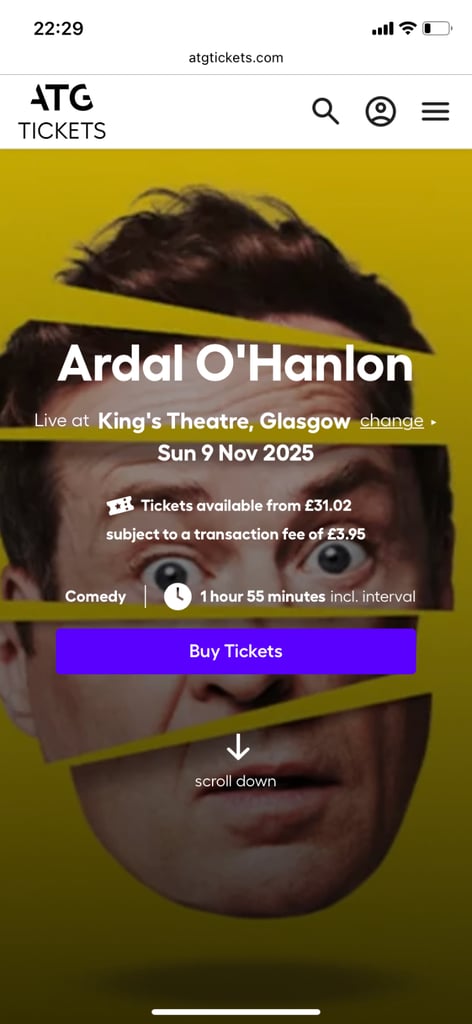 Ardal O’Hanlon 2 stalls tickets Sun 9th Nov - Kings Theatre Glasgow