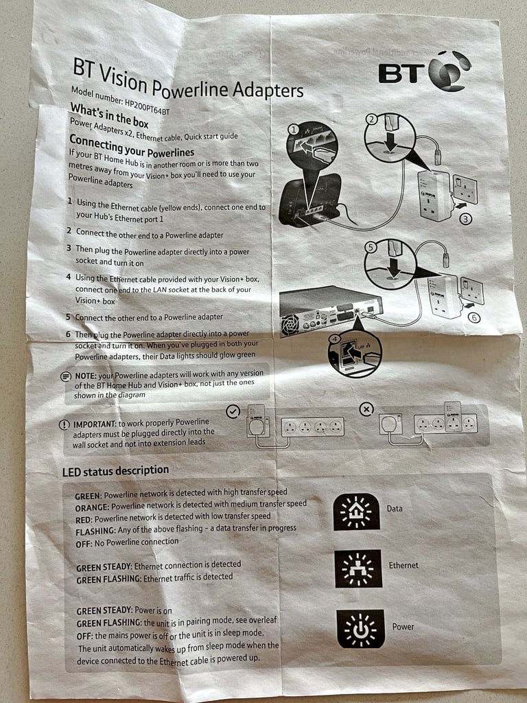 BT ‘SIMPLER’ ‘VISION’ DIGITAL HOMEPLUG POWERLINE ETHERNET ADAPTERS 200Mbps KIT (2 Units) 