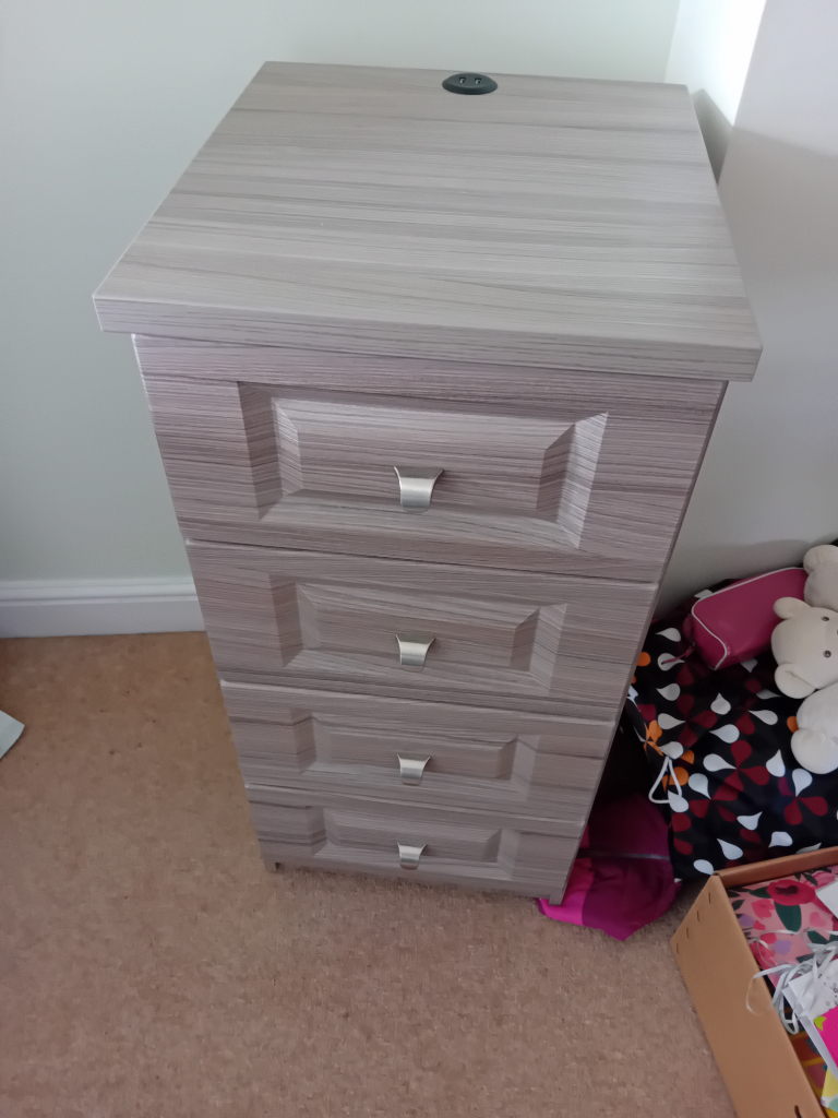 Solid Wood Chest of Drawers. Grey with bronze cup handles. Large