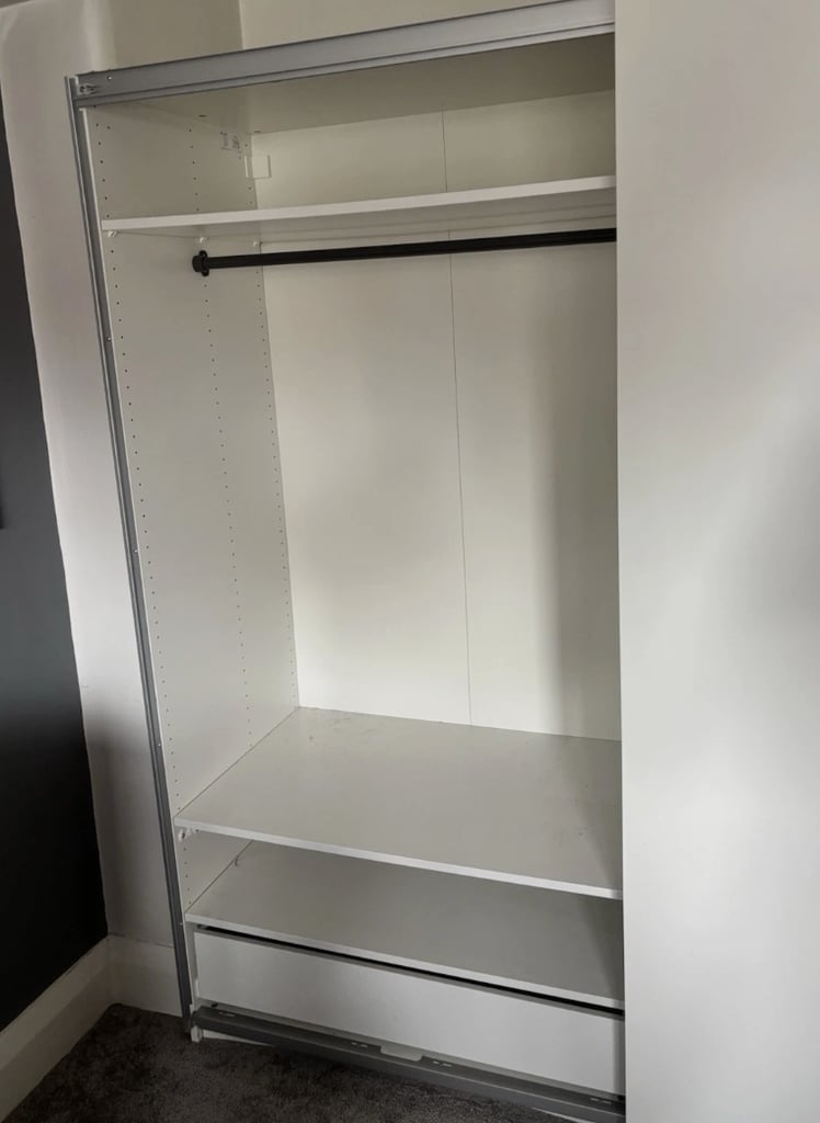 IKEA White Sliding Door Wardrobe with 2 Rails, 3 Drawers & 5 shelves FREE DELIVERY 050