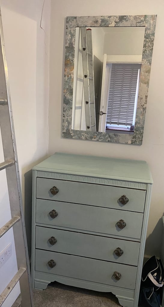 Solid wood chest of drawers, bedside table and mirror