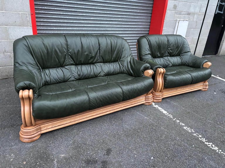 Oak Frame Green Leather 2 and 3 Seater Sofas 