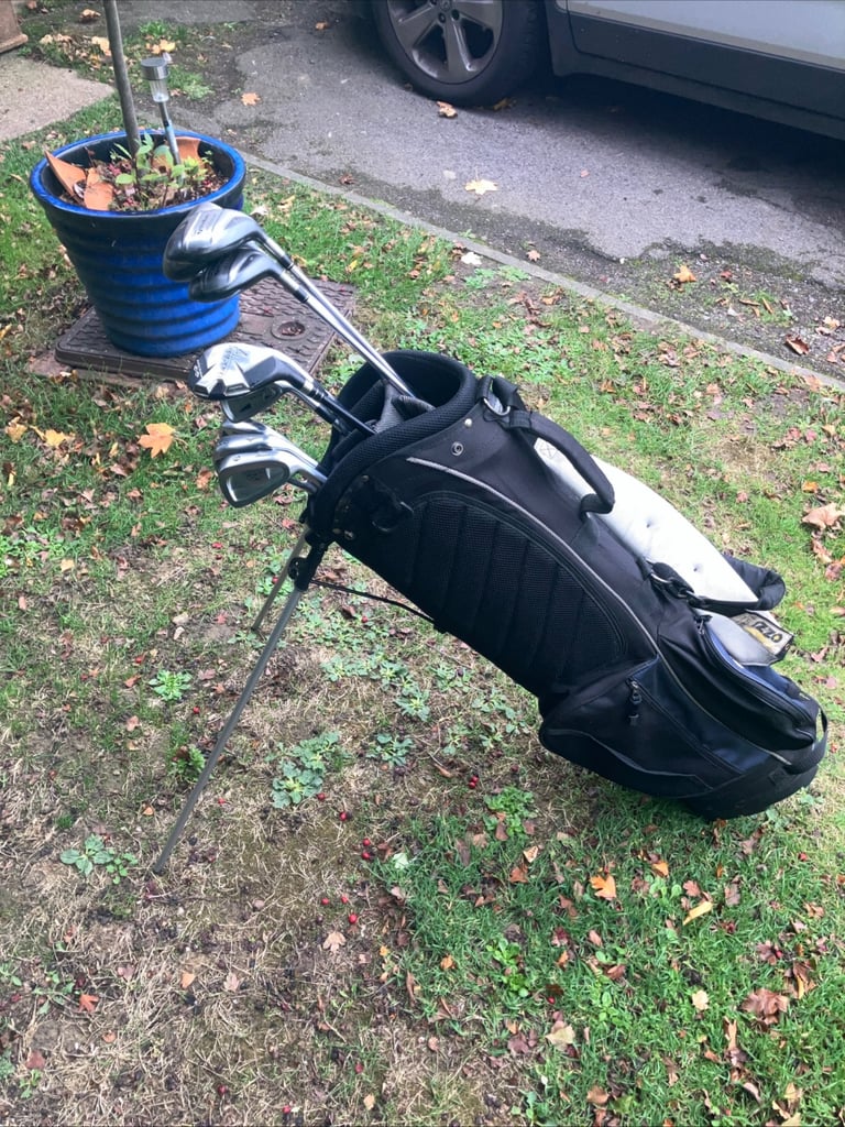 Men’s Golf Clubs Taylormade Steel Woods Mizuno Irons Trilogy Putter Stand Bag 