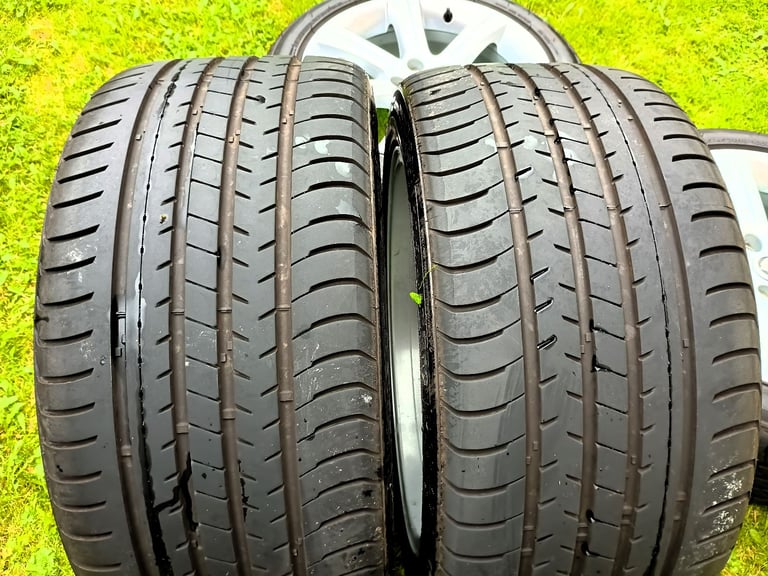 18" JAGUAR XK COUPE ALLOYS 5x108 8.5J/9.5J SPLIT WIDTH WHEELS EXCELLENT TYRES XF XE XJ